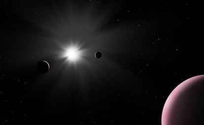 Ilustración que muestra el sistema planetario Nu2 Lupi, que fue explorado recientemente por el observador de exoplanetas de la ESA, 'Cheops'.