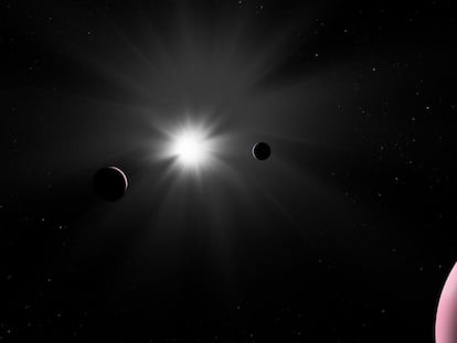 Ilustración que muestra el sistema planetario Nu2 Lupi, que fue explorado recientemente por el observador de exoplanetas de la ESA, 'Cheops'.