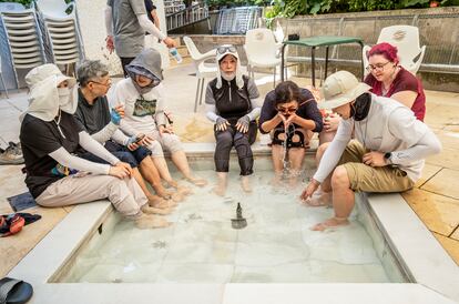 Unos peregrinos coreanos se refrescan en la fuente de un albergue, este jueves en Logroño.
