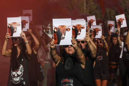 Protesta del colectivo antitaurino frente a la plaza de toros de San Sebastián de los Reyes.