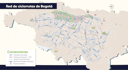 Mapa de la red de ciclorutas de Bogotá.