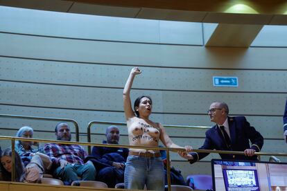 Una de las dos mujeres activistas de Femen con el torso desnudo y mensajes en favor del derecho al aborto escritos en su piel que interrumpieron con gritos el pleno del Senado, durante la sesión de control al Gobierno del pasado 19 de noviembre, antes de ser desalojadas de la tribuna de invitados.
