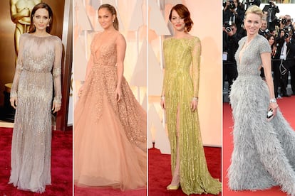 A Elie Saab le sirvió para convertir su nombre en un imprescindible sobre cualquier alfombra roja y en sinónimo de vestidos de princesas, paillettes y tules. Pocas son las actrices que no se han enfundado alguna vez en sus creaciones. En la imagen, desde la izquierda: Angelina Jolie en la ceremonia de 2014, Jennifer Lopez y Emma Stone en 2015 y Naomi Watts en el Festival de Cannes en 2015.
