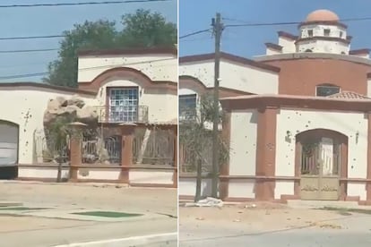 Capturas de un video en el que se muestra una casa con cientos de impactos de bala en el municipio de Guamúchil, Sinaloa, el 5 de mayo de 2025.