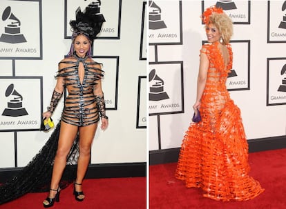 Joy Villa, en la alfombra roja de los Grammy de 2016 y, a la derecha, en los mismos premios en 2015.