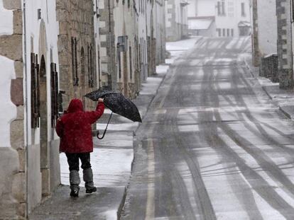 Un se&ntilde;or camina por la calle, durante el temporal de nieve que azota sobre todo al Norte de Navarra.
