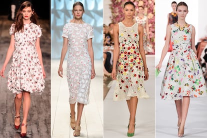 Flores por doquier 
	

	Las flores son uno de los estampados y motivos recurrentes en ambas firmas. A la derecha, dos de los diseños de Peter Copping para Nina Ricci (primavera 2012 y primavera 2015). A la izquierda, vestidos de Óscar de la Renta (primavera 2015 y primavera 2014).