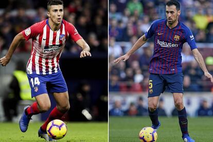 Rodri y Busquets controlan el balón en un partido con el Atlético y el Barcelona, respectivamente.