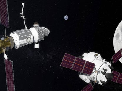 Recreación de la estación orbital lunar Gateway a la izquierda, con una cápsula Orion para transportar astronautas a la derecha.
