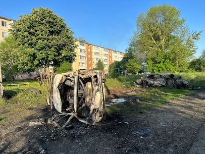 Destroyed vehicles following what was said to be Ukrainian forces' shelling in the town of Shebekino in the Belgorod region, Russia, in this handout image released May 31, 2023. 