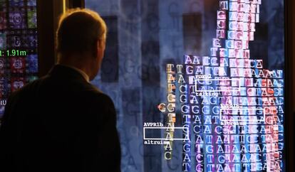 Fotografía de una pantalla parte de la instalación interactiva 'YOU: R: CODE' de Bernd Lintermann y Peter Weibel.