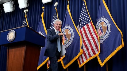 El presidente de la Reserva Federal, Jerome Powell, en la rueda de prensa posterior a la reunión del comité de política monetaria del 14 de diciembre.
