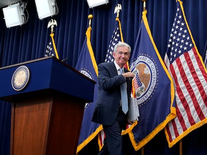 El presidente de la Reserva Federal, Jerome Powell, en la rueda de prensa posterior a la reunión del comité de política monetaria del 14 de diciembre.