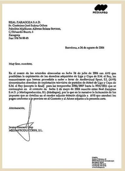 Carta firmada por el presidente de Mediapro, Jaume Roures, en la que  informa al Real Zaragoza de la cesión de los derechos televisivos a Audiovisual Sport.