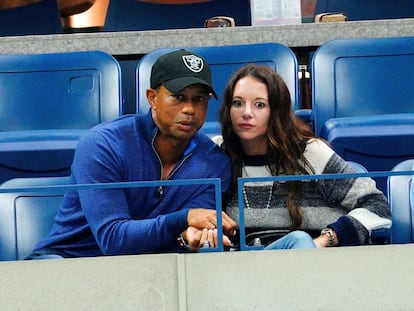 Tiger Woods junto a su pareja Erica Herman, durante el partido entre Rafael Nadal y Marin Čilić en el US Open de 2019.