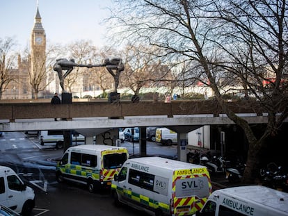 Ambulances wait at the Emergency Department (A&E) of St Thomas' Hospital in London, Britain, 03 January 2024.