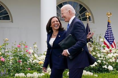 President Joe Biden, walks with Vice President Kamala Harris in the White House on May 13, 2021.