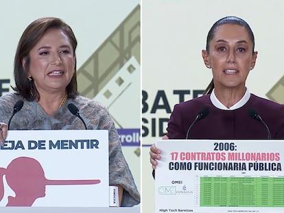 Xóchitl Gálvez y Claudia Sheinbaum muestran cartulinas durante su participación en el segundo debate electoral de este domingo.