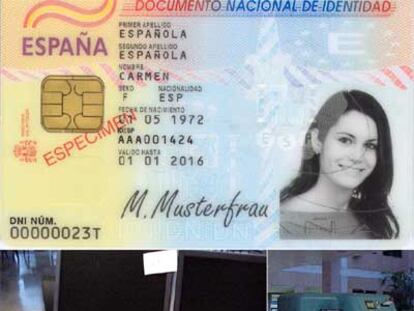 Arriba, DNI digital. Abajo, equipos instalados en las comisarías para renovar los documentos de identidad.