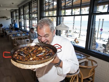Chef Xavier Pellicer with one of his dishes at the Barraca restaurant in Barcelona.