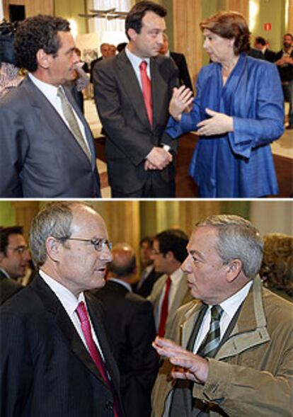 Arriba, Augusto Delkáder, el <i>vicealcalde</i> Manuel Cobo, y la ministra Magdalena Álvarez. Abajo, el ministro de Industria, José Montilla, y el ex ministro Carlos Solchaga.