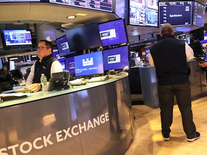 Traders work on the floor of the New York Stock Exchange during morning trading on April 10, 2023 in New York City.