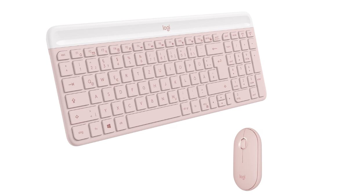 Teclado inalámbrico Logitech con ratón incluido en color rosa pastel.