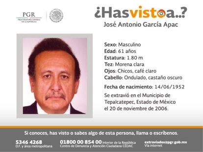 José Antonio García Apac, director del semanario 'Ecos de la Cuenca de Tepaltepec'. Desapareció el 20 de noviembre de 2006 en Michoacán.