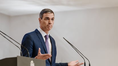 El presidente del Gobierno, Pedro Sánchez, durante una comparecencia en La Moncloa, este jueves.