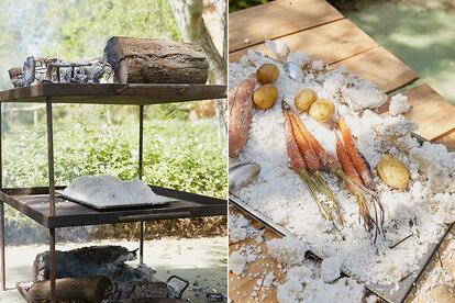 Gioconda Scott apuesta por productos locales, como las patatas de Sanlúcar, y lo que denomina “cocina de fuego de leña”. A la izquierda, el horno que crea al aire libre para hacer verduras a la sal.