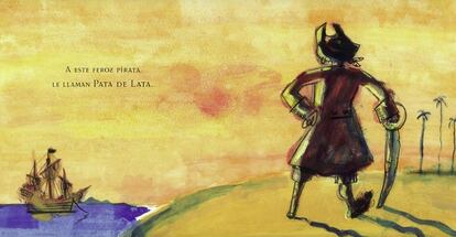 Doble página de 'El pirata pata de lata', de Oli y Ramón Trigo, editado por Kalandraka.