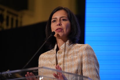 Carolina España, durante el cierre de la 26ª conferencia anual de la CAF.