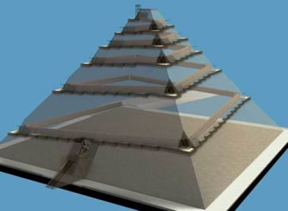 Imagen en tres dimensiones generada por ordenador en la que se ve cómo pudo ser la construcción de la pirámide de Gizeh.