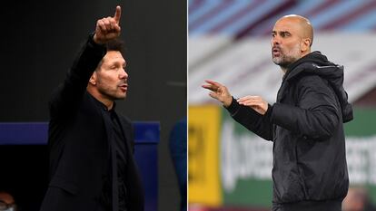 Diego Pablo Simeone y Pep Guardiola, en dos partidos recientes con el Atlético y el Manchester City, respectivamente.