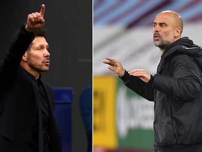 Diego Pablo Simeone y Pep Guardiola, en dos partidos recientes con el Atlético y el Manchester City, respectivamente.