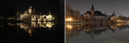 Dos imágenes del castillo de Vajdahunyad en Budapest, Hungría, con su iluminación encendida y apagada durante la Hora del Planeta.