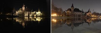 Dos imágenes del castillo de Vajdahunyad en Budapest, Hungría, con su iluminación encendida y apagada durante la Hora del Planeta.