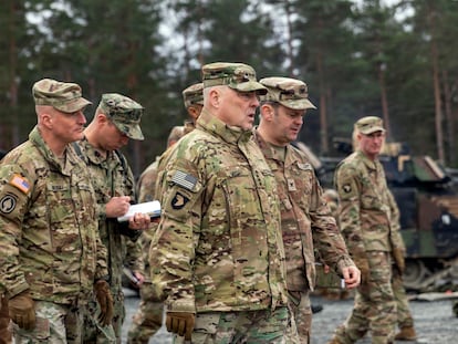 Gen. Mark Milley meets with the U.S. Army leaders responsible for the collective training of Ukrainians at Grafenwoehr Training Area, in Germany, on Monday, Jan. 16.