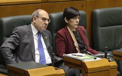 La consejera de Seguridad, Estefanía Beltrán de Heredia, junto al titular de Sanidad, Jon Darpón, en una sesión del Parlamento vasco.