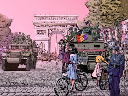 Ilustración de la novela gráfica, de Paco Roca, 'Los surcos del azar', que recrea la entrada de La Nueve a París.