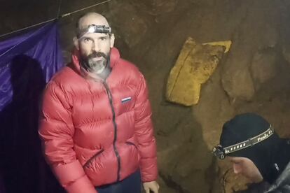 American caver Mark Dickey, 40, talks to camera next to a colleague inside the Morca cave in southern Turkey, on Sept. 7, 2023.