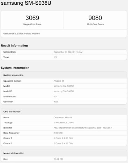 Resultados en la prueba Geekbench del Samsung Galaxy S25 Ultra con Snapdragon 8 Gen 4