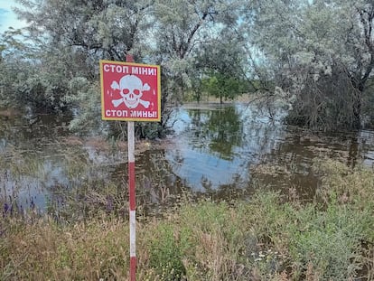 Una señal avisa del riesgo de minas cerca de una zona inundada tras el derrumbe de la presa de Nova Kajovka, en la región de Jersón este jueves.