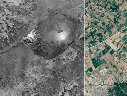 Imágenes de satélite del antes y después del humedal de Antela.