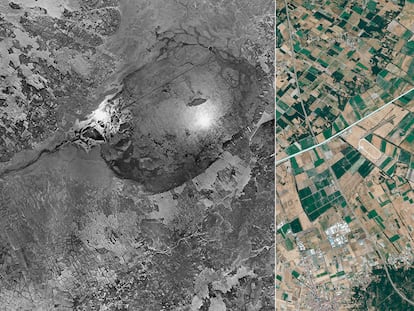 Imágenes de satélite del antes y después del humedal de Antela.