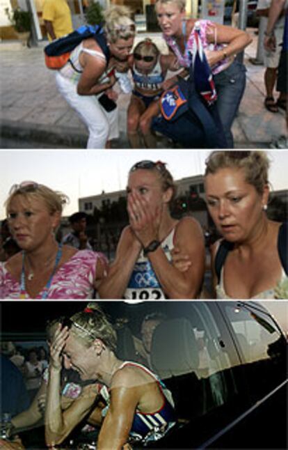 Secuencia de la retirada de Paula Radcliffe, envuelta en lágrimas y ayudada por dos espectadoras.