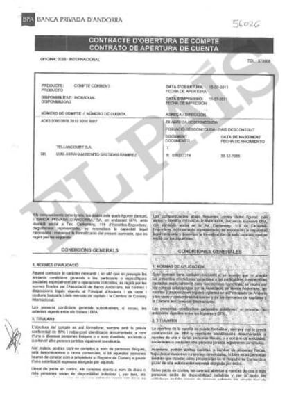 Contrato de apertura de una de las cuentas del exgerente de PDVSA en la Banca Privada d'Andorra (BPA).