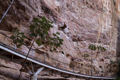 Puente construido para que los turistas puedan ver las figuras dise?adas en las paredes del parque.