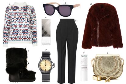 1. Topshop Jersey estampado con cuello cisne. 2. Valentino Gafas de sol con montura de pasta. 3. Hogan Chaquetón de pelo con cremalleras. 4. Burberry Beauty Laca de uñas. 5. Vika Gazinskaya Pantalón de tiro alto. 6. Dsquared2 Bota de pelo, ante y piel. 7. Givenchy Reloj con esfera dorada. 8. Caudalíe Lip conditioner. 9. Chloé Bandolera de piel metalizada.