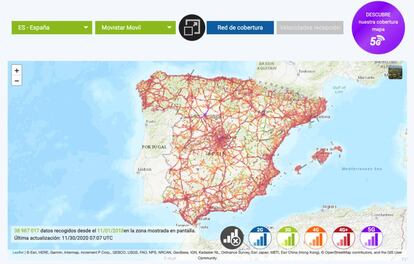 Mapa de cobertura 5G en España.